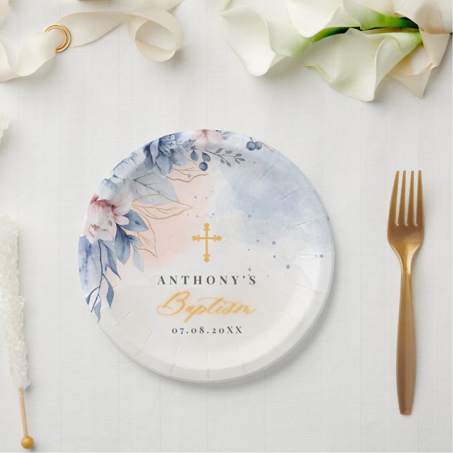 Boy baptism religious modern blue floral watercolr paper plate (Creator Uploaded)