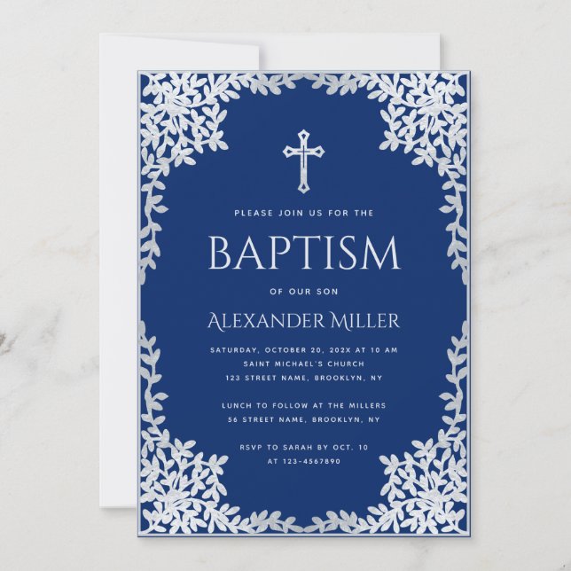 Boy Baptism Royal Blue Faux Silver Leaves Elegant Invitation (Front)
