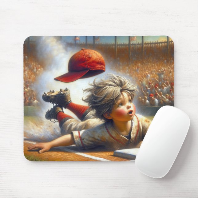 Boy Baseball Player Sliding Into Home Plate Mouse Pad (With Mouse)