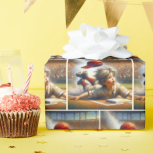 Boy Baseball Player Sliding Into Home Plate Wrapping Paper