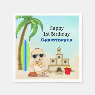 Boy Beach Baby Sandcastle n Surfboard 1st Birthday Napkin