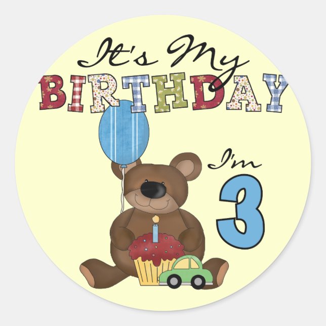 Boy Bear 3rd Birthday Tshirts and Gifts Classic Round Sticker (Front)