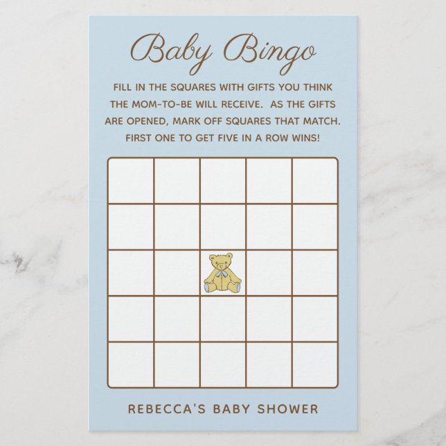 Boy Bear Baby Shower Bingo Game Flyer (Front)