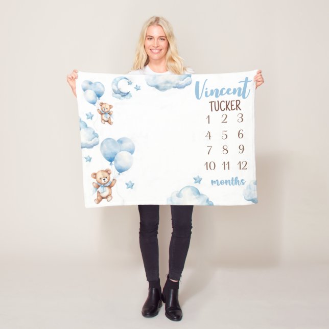BOY BEAR BALLOONS Milestone Blanket, Blue Balloons Fleece Blanket (In Situ)