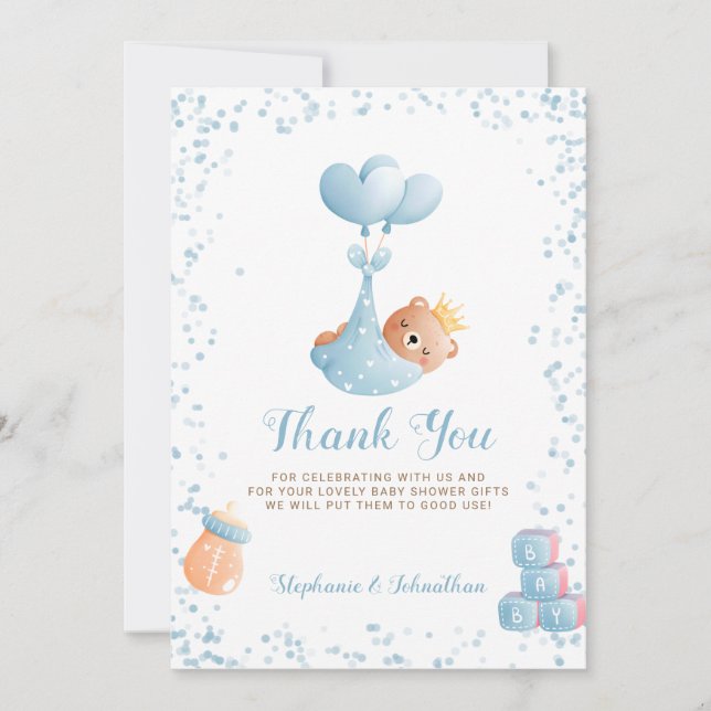 Boy Bear Blue Thank You Baby Shower Card (Front)