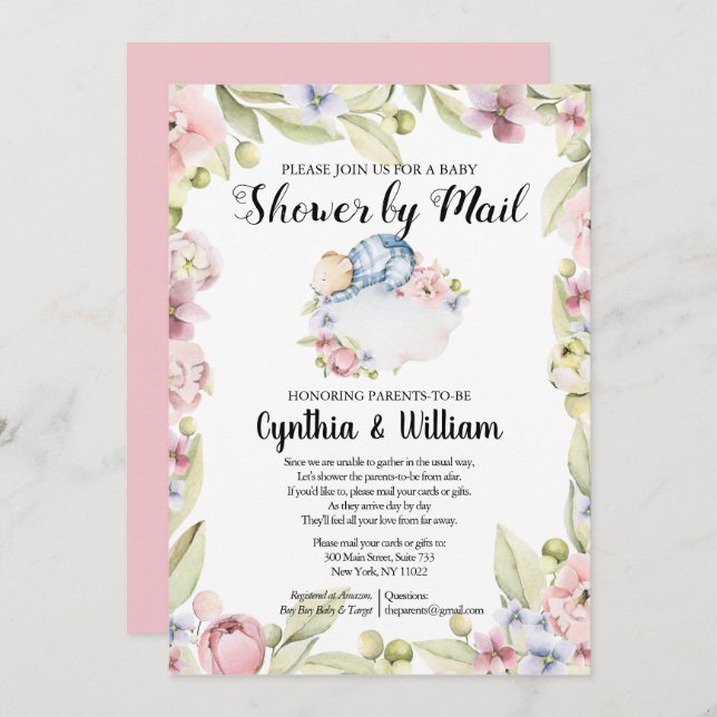 Boy Bear Elegant Floral Greenery Shower by Mail Invitation (Front/Back)