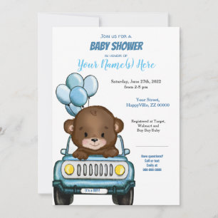 Boy Bear in Car Baby Shower Invitation Balloons
