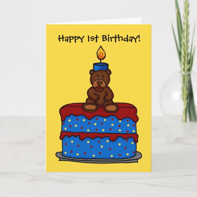 boy bear on 1st birthday cake card (Front)