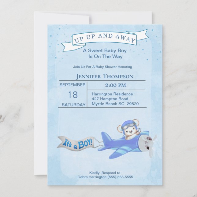 Boy Bear Pilot Airplane Baby Shower Invitation (Front)