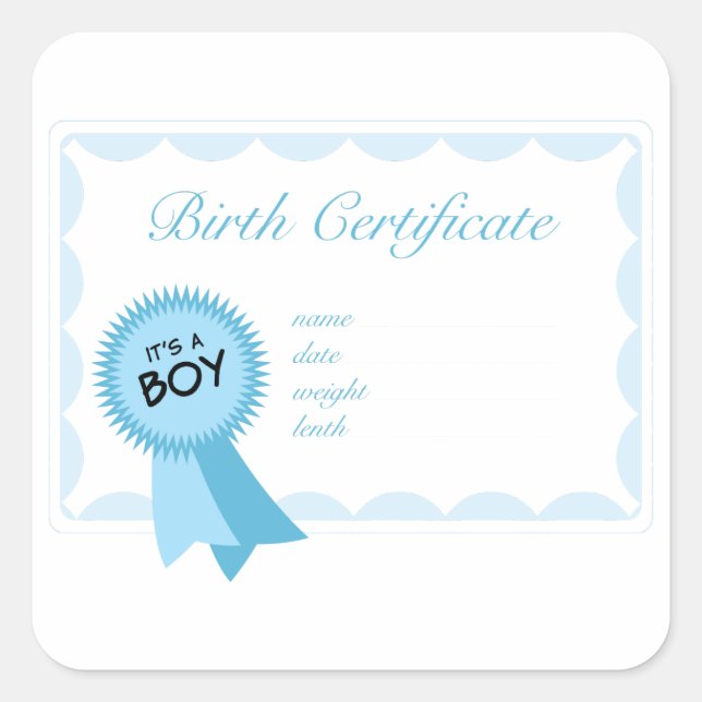 Boy Birth Certificate Square Sticker (Front)