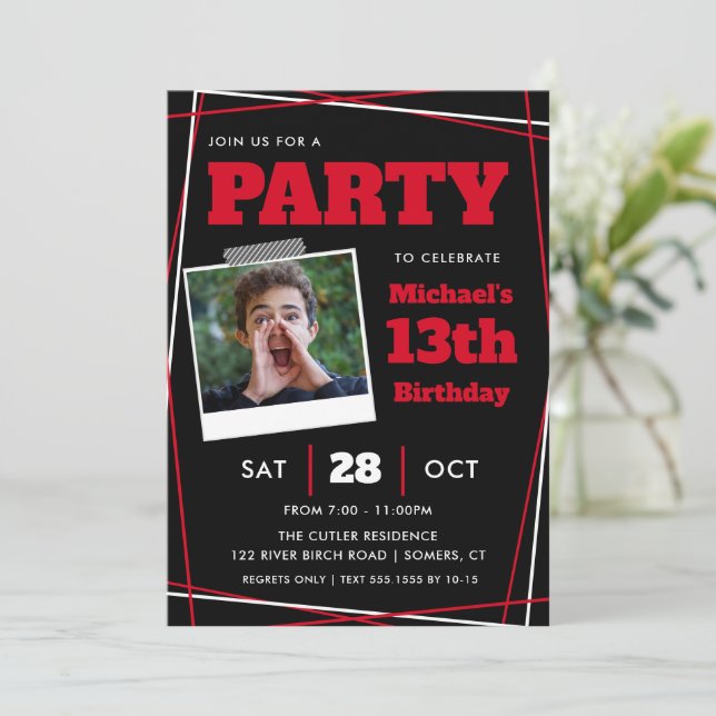 Boy Birthday 13/Any Age, Red Black Photpo Invitation (Standing Front)