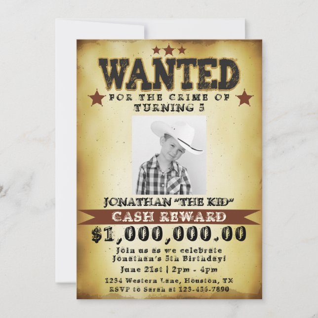 Boy Birthday Cowboy Wanted Poster Invitation (Front)