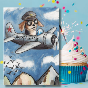 Boy Birthday Dog Airplane Clouds Mountains Funny Card