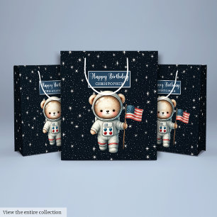 Boy Birthday Gift Bag Featuring Space Teddy Bear
