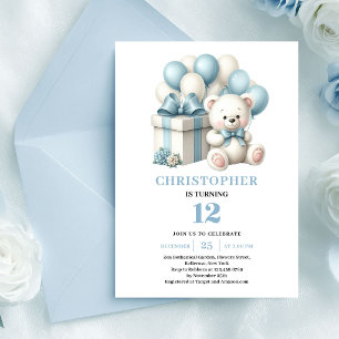 Boy birthday invitation teddy bear balloons blue