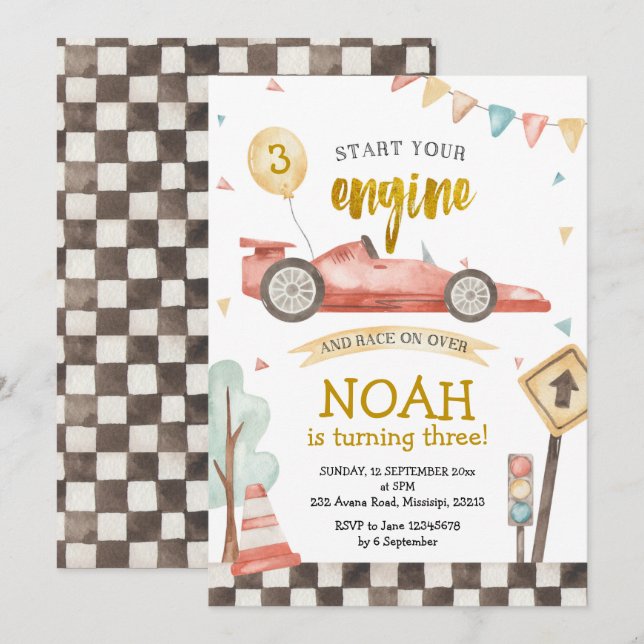 Boy Birthday Racing voiture Invitation (Devant / Derrière)