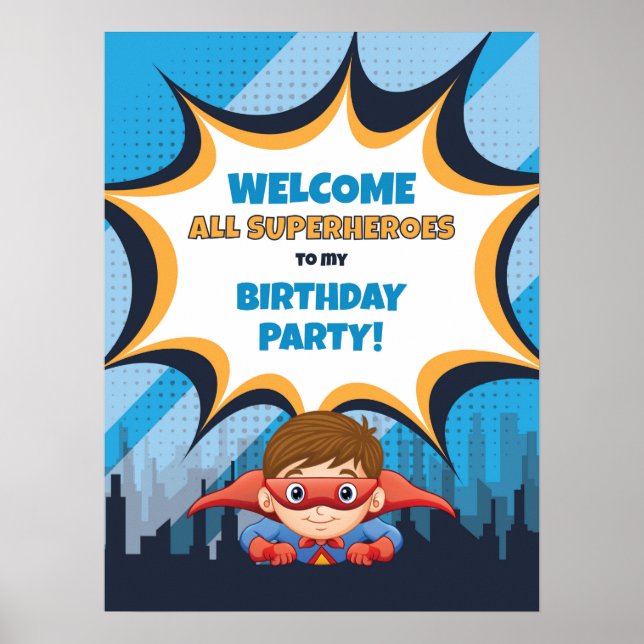 Boy Birthday Superhero Party - 18x24 Sign Poster (Front)