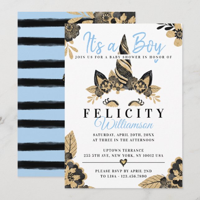 Boy Black Blue Gold Unicorn Baby Shower Invitation (Front/Back)