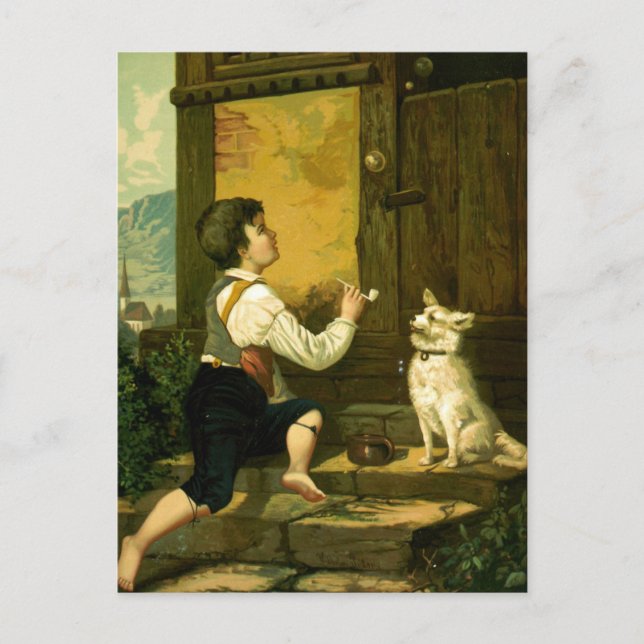 Boy Blowing Bubbles Vintage Illustration Postcard (Front)