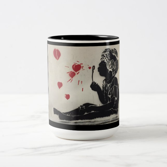 Boy blowing heart bubbles Two-Tone coffee mug (Center)