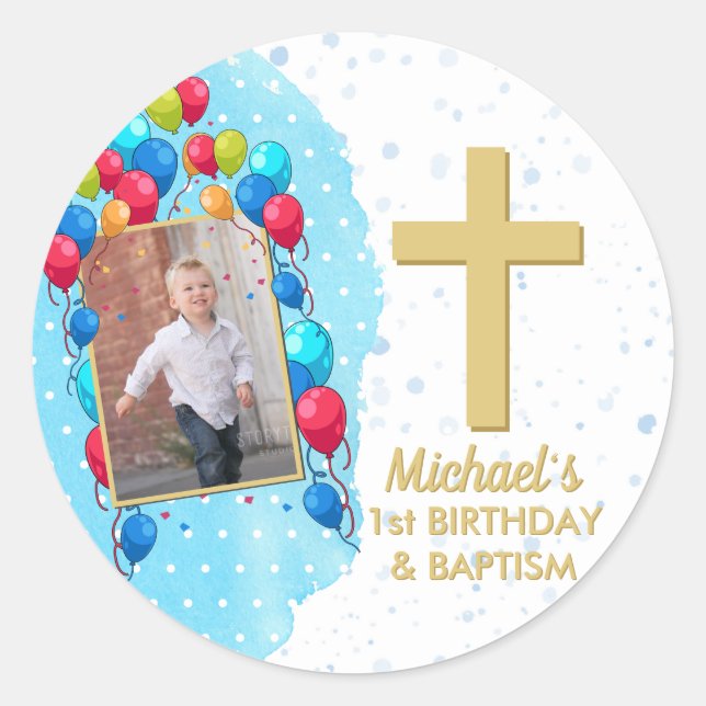 Boy Blue 1st Birthday Baptism Gold Text Photo Classic Round Sticker (Front)