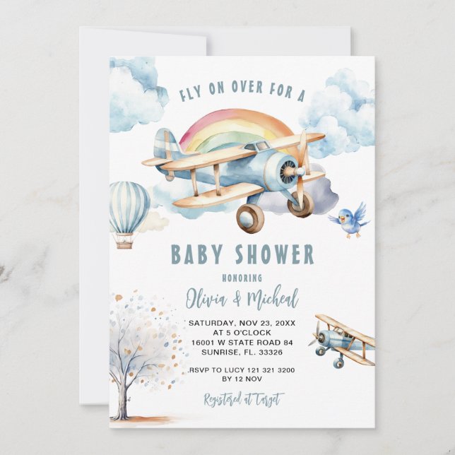 Boy Blue Airplane Baby Shower Invitation  (Front)