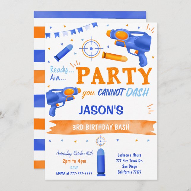 Boy Blue and Orange Dart Gun Invitation (Front/Back)