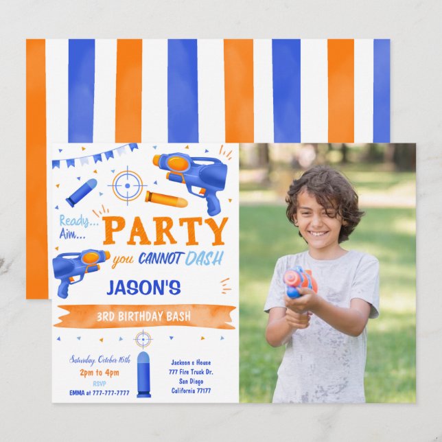 Boy Blue and Orange Dart Gun Photo Invitation (Front/Back)