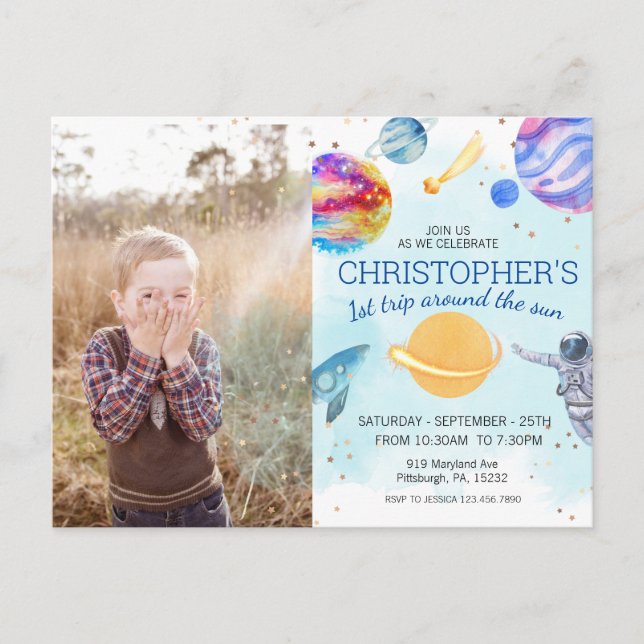 Boy blue Astronaut Space birthday party Postcard (Front)