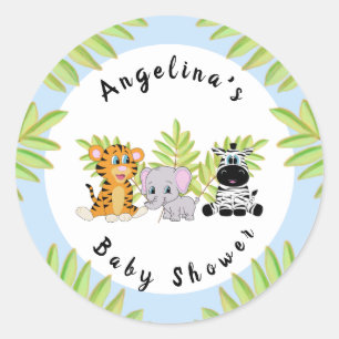 Boy Blue Baby Shower Safari Jungle Animals Classic Round Sticker
