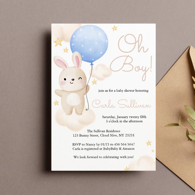 Boy Blue Balloon Cute Bunny Baby Shower Invitation (Creator Uploaded)