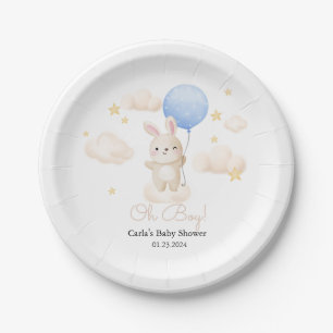 Boy Blue Balloon Cute Bunny Baby Shower  Paper Plate