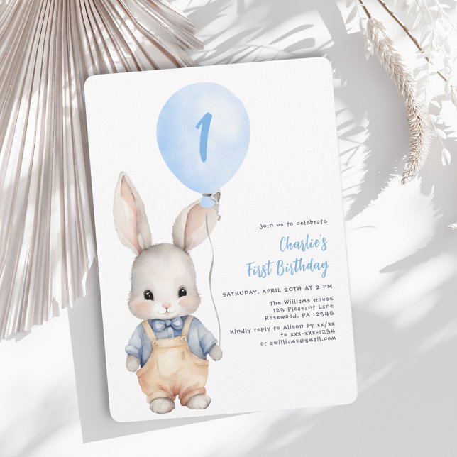 Boy Blue Balloon First Birthday Invitation (Creator Uploaded)