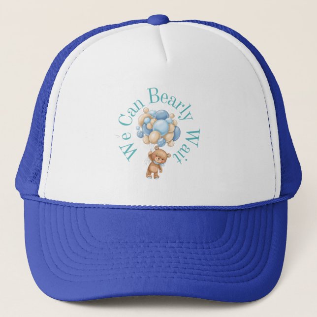 Boy Blue Bear Baby Shower Trucker Hat (Front)