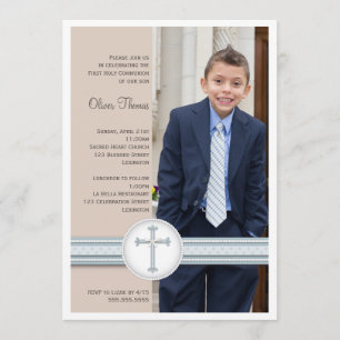 Boy Blue   Beige Photo Communion Invitation