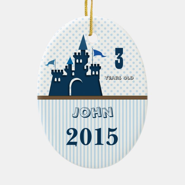 Boy Blue & Brown Castle Dot Stripes Photo on Back Ceramic Ornament (Back)