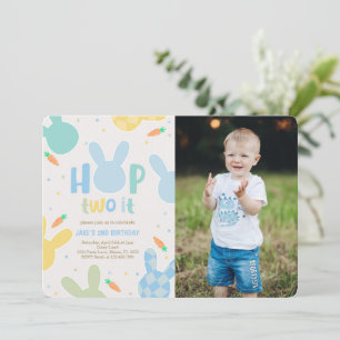 Boy Blue Bunny 2nd Birthday Photo Invitation
