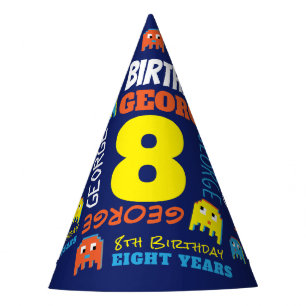 Boy blue colorful 8th gamer birthday  party hat