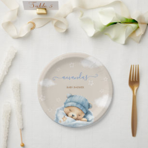Boy Blue Cute Bear Baby Shower Paper Plate