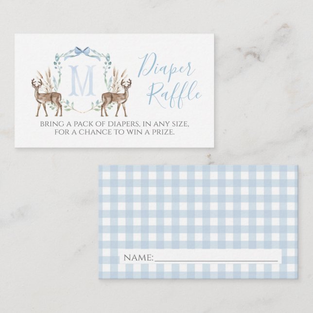 Boy Blue Deer Monogram Crest Diaper Raffle Card (Front/Back)