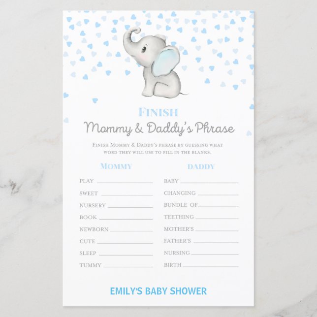 Boy Blue Elephant Baby Shower Game PRINTED (Front)