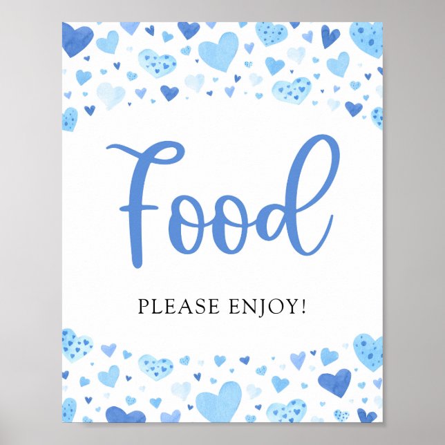 Boy Blue Hearts Valentine Baby Shower Food Sign (Front)