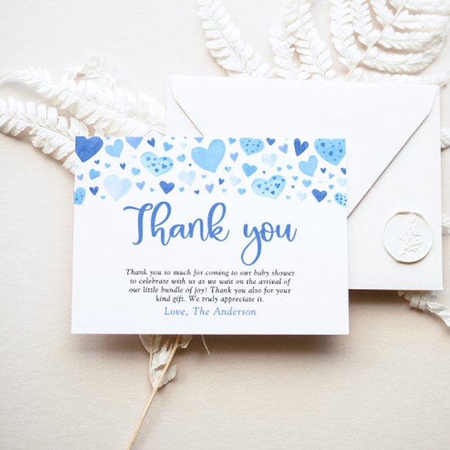 Boy Blue Hearts Valentine Sweetheart Baby Shower Thank You Card (Creator Uploaded)