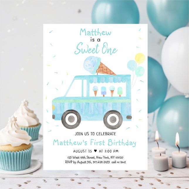 Boy Blue Ice Cream Truck Sweet One Birthday Invitation (Creator Uploaded)