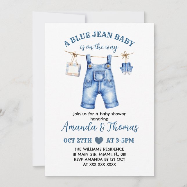 Boy Blue Jean Baby shower Invitation (Devant)