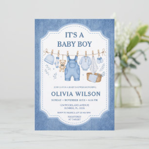 Boy Blue Jean Clothesline Baby Shower Invitation