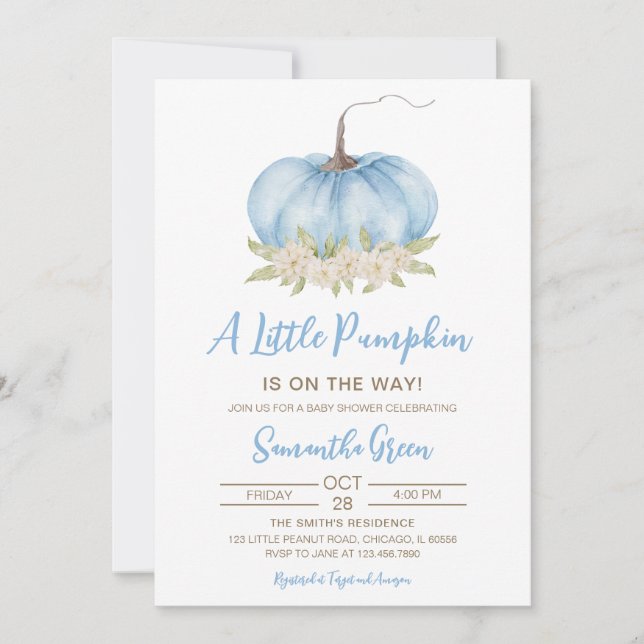Boy Blue Minimalist Pumpkin Baby Shower Invitation (Front)