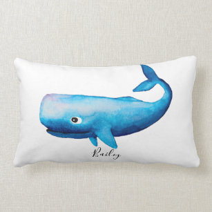 Boy Blue Ocean Watercolor Whale Beach Name Nursery Lumbar Pillow