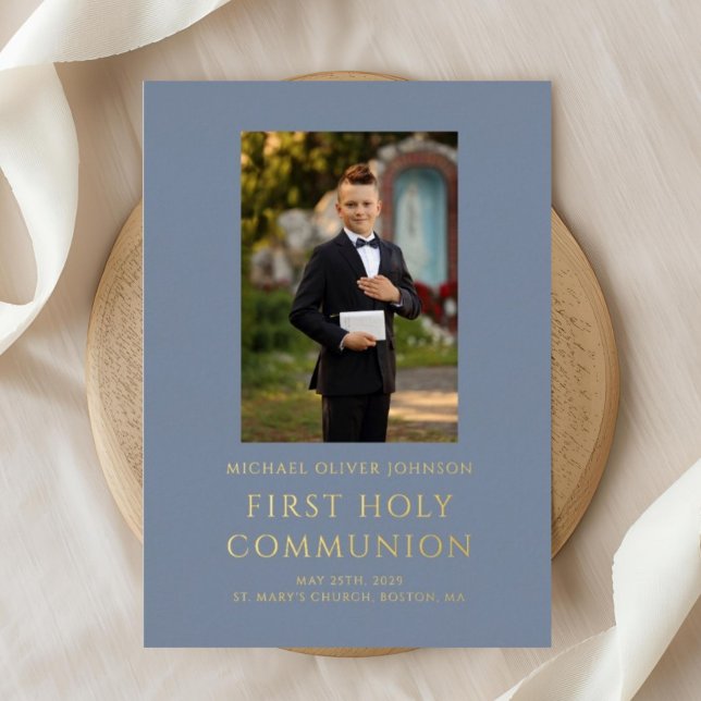 Boy Blue Photo First Holy Communion Gold (Elegant Dusty Blue Photo Boy First Communion Gold Foil Invitation)