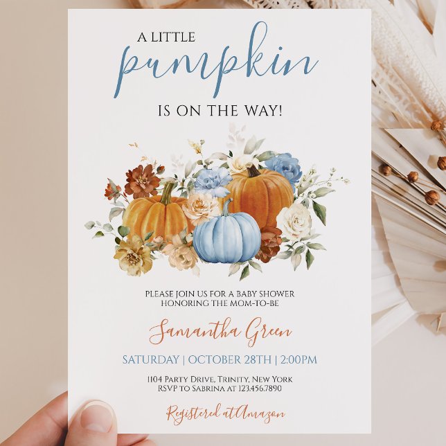 Boy Blue Pumpkin Baby Shower Invitation (Creator Uploaded)